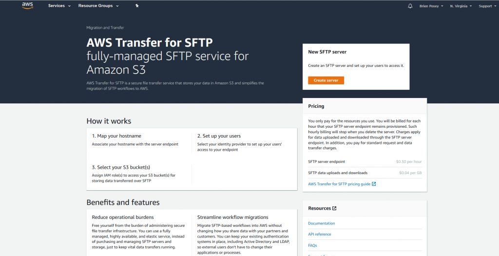 setting up the SFTP transfer services consists of three high-level steps. You will need to map your host name to a server, set up your users, and then select the S3 bucket that you want to use. - How to Set Up SFTP on AWS